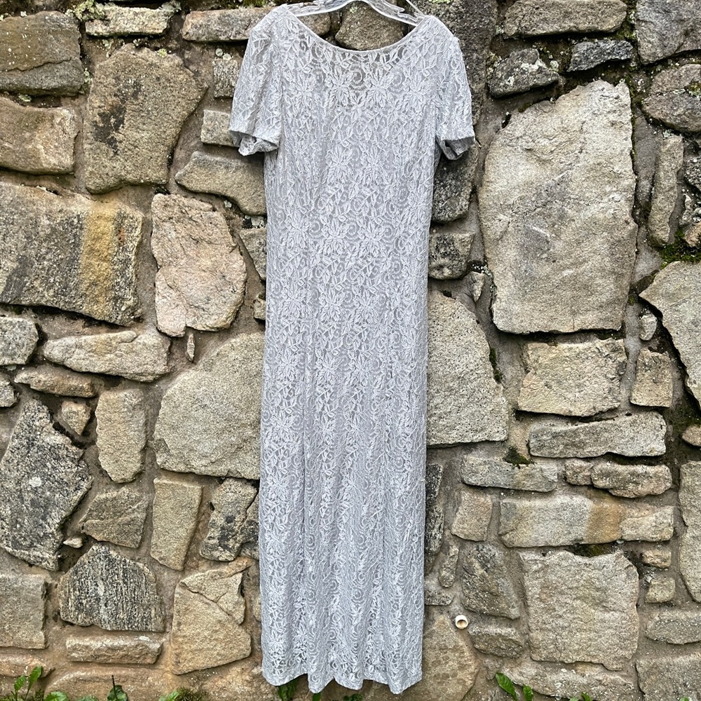 ALEX Evenings Silver Lace Floor Length Formal Dress
